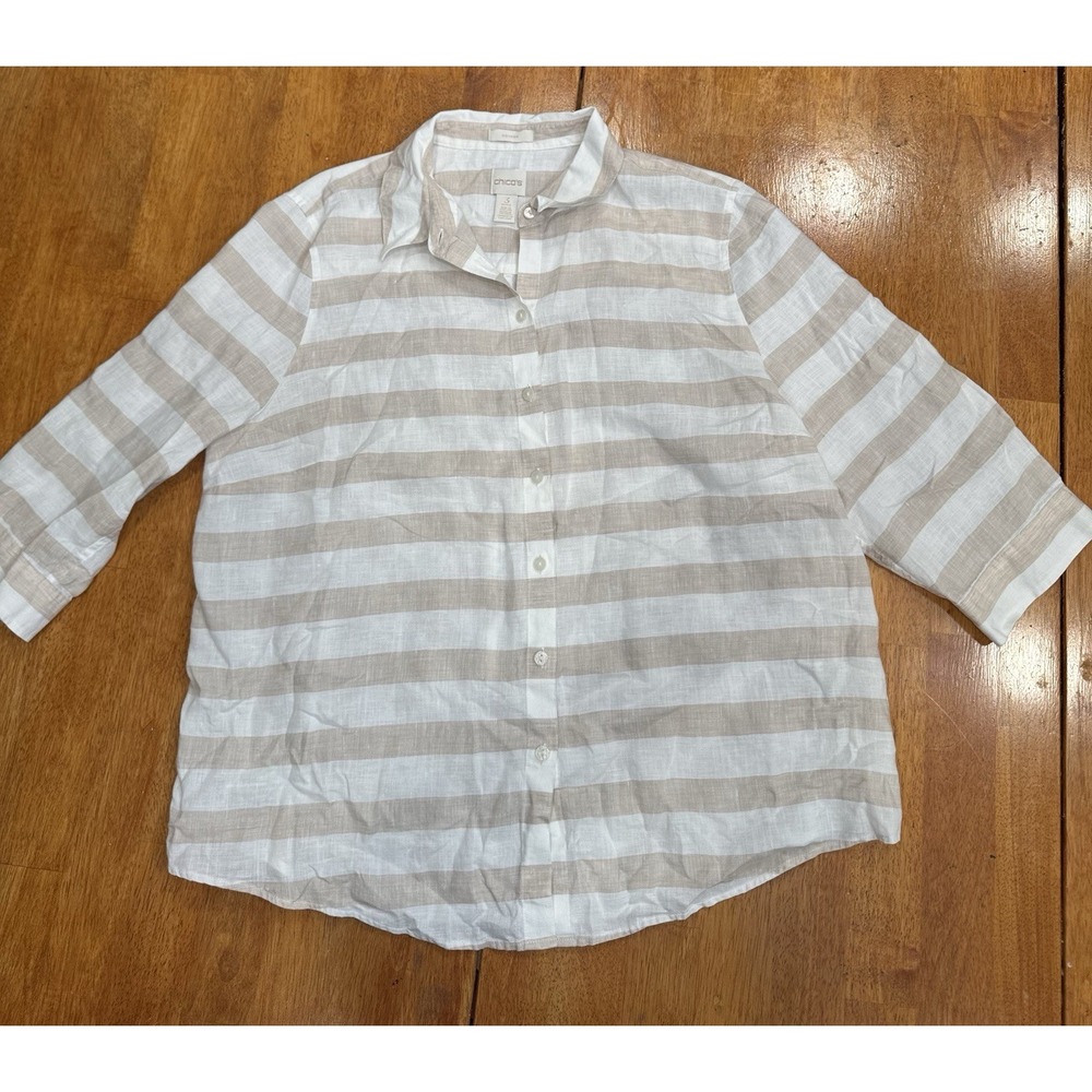 Chico's 3. (14-16) Petite 100% Linen Shirt Beige White Stripe Button Front 3